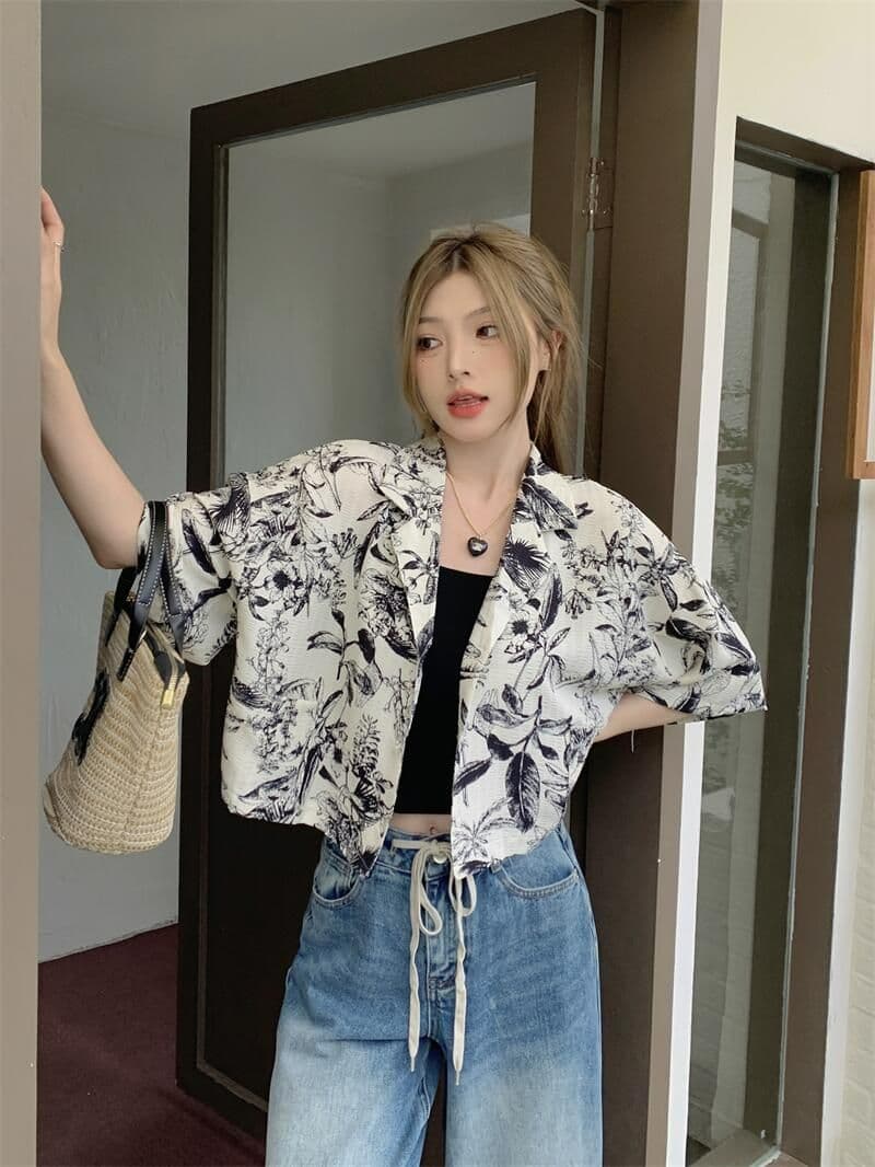 반팔 꽃 여성 셔츠 여름 작은 대중 디자인 고급 센스 프랑스식 Chic 고유 한 쇼트 스타일 맨위 상세 이미지 3