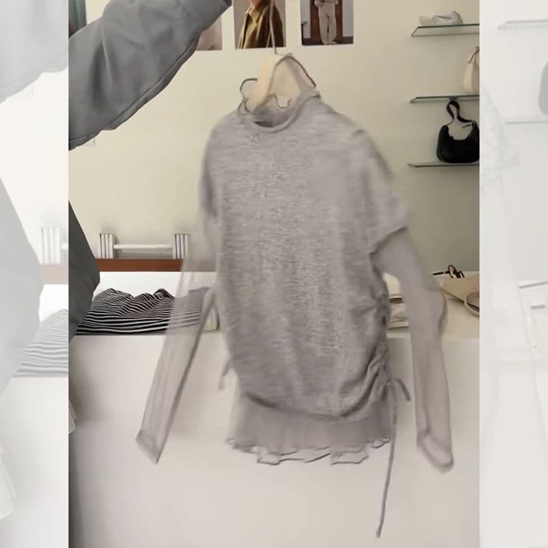 한 부서 chic 레트로 부드러운 찹쌀 느긋한 바람 고급 센스 슈퍼 잘 생긴 작은 키 연령 감소 회색 티셔츠 망사 만나는 이미지 5