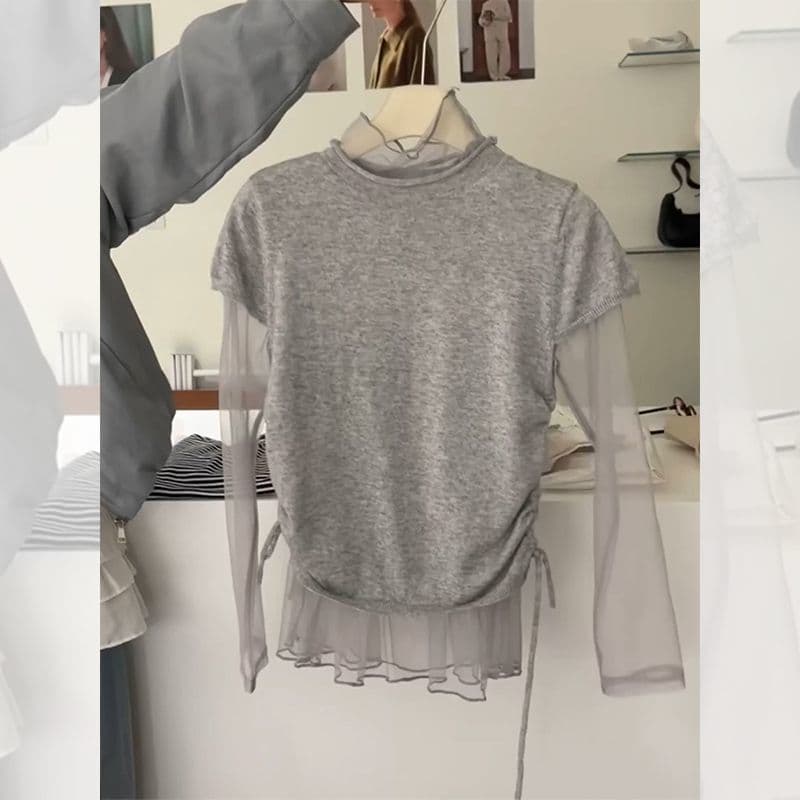 한 부서 chic 레트로 부드러운 찹쌀 느긋한 바람 고급 센스 슈퍼 잘 생긴 작은 키 연령 감소 회색 티셔츠 망사 만나는 상세 이미지 2