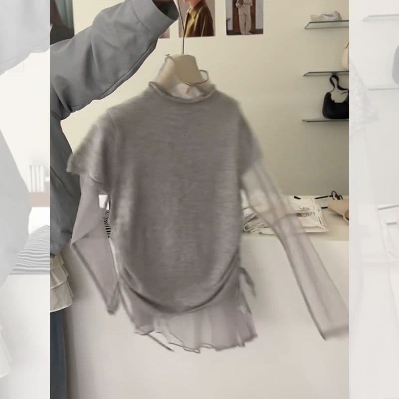 한 부서 chic 레트로 부드러운 찹쌀 느긋한 바람 고급 센스 슈퍼 잘 생긴 작은 키 연령 감소 회색 티셔츠 망사 만나는 상세 이미지 6