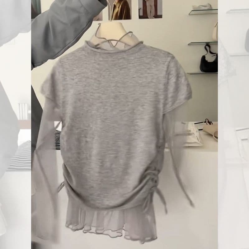 한 부서 chic 레트로 부드러운 찹쌀 느긋한 바람 고급 센스 슈퍼 잘 생긴 작은 키 연령 감소 회색 티셔츠 망사 만나는 상세 이미지 7