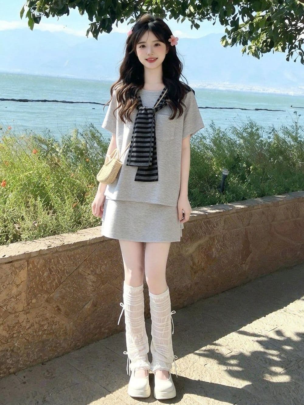여름 드레스 코디 전체 집합 연령 감소 작은 키 라운드 넥 티셔츠 반신 치마바지 스트라이프 숄 3종 세트 상세 이미지 3