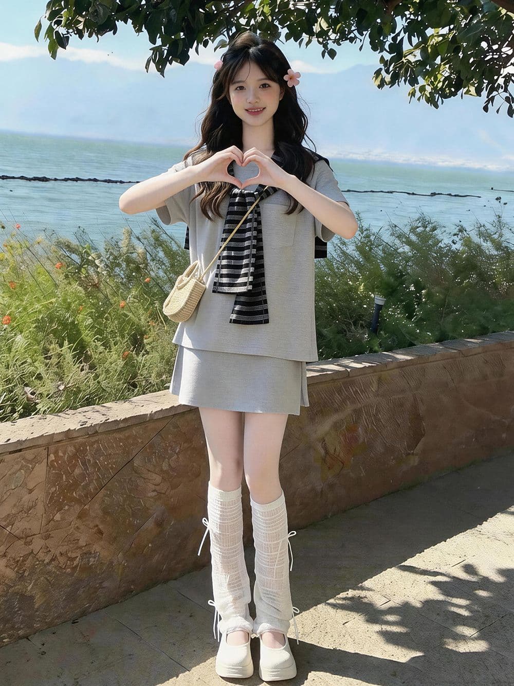 여름 드레스 코디 전체 집합 연령 감소 작은 키 라운드 넥 티셔츠 반신 치마바지 스트라이프 숄 3종 세트 상세 이미지 5