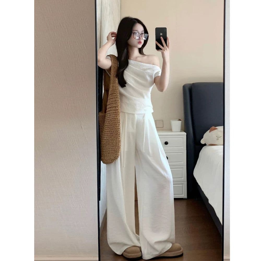 자이언트 잘 생긴 ~ 중 여름 세트 한 부서 고급 센스 운동 캐주얼 비스듬한 어깨 반팔 와이드 레그 팬츠 투피스 세트 이미지 5