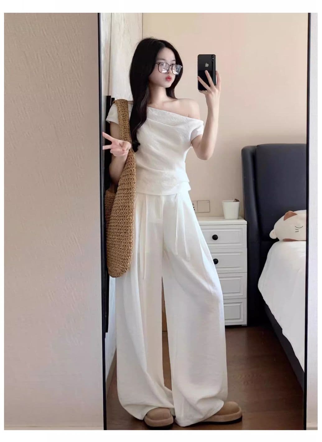 자이언트 잘 생긴 ~ 중 여름 세트 한 부서 고급 센스 운동 캐주얼 비스듬한 어깨 반팔 와이드 레그 팬츠 투피스 세트 상세 이미지 3