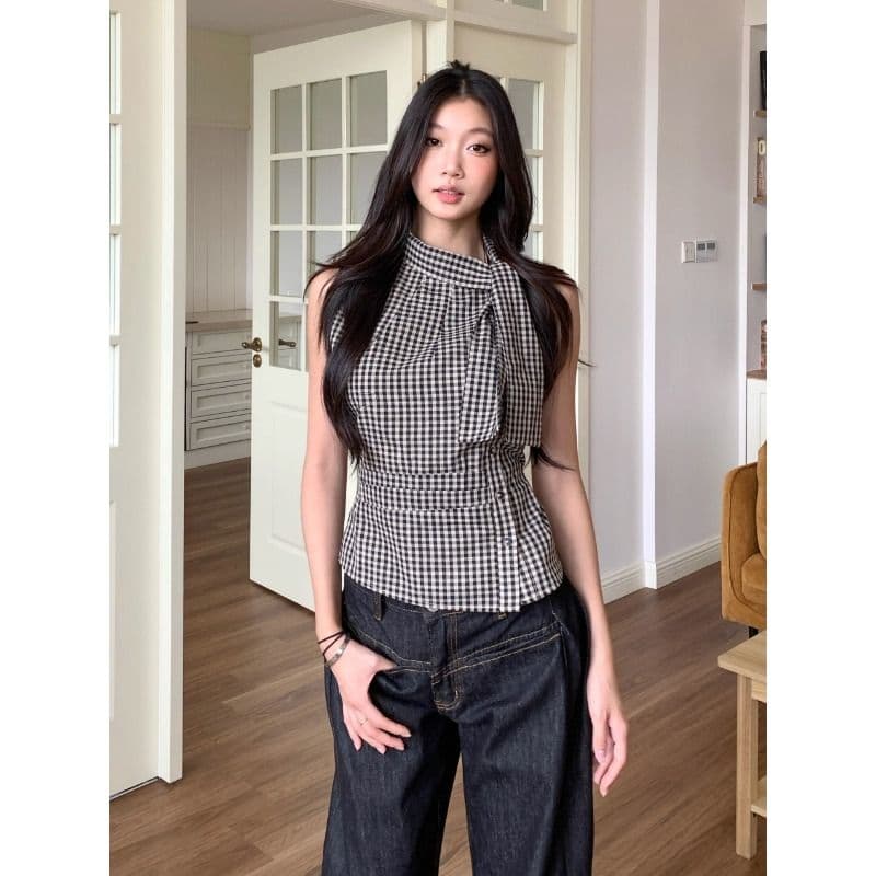 원본 셔틀 직물 레트로 체크무늬 레이스업 민소매 여성 셔츠 여름 디자인 센스 몸매 가꾸기 행침 목 맨위 이미지 5