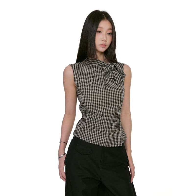 원본 셔틀 직물 레트로 체크무늬 레이스업 민소매 여성 셔츠 여름 디자인 센스 몸매 가꾸기 행침 목 맨위 이미지 4