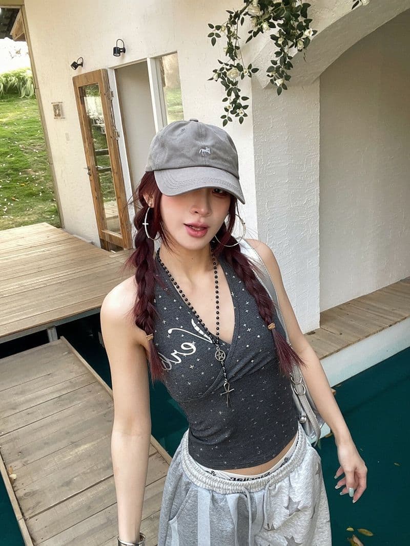 260 그램 사람들 면 모달 도트 무늬 프린트 행침 목 슬립 V넥 조끼 민소매 맨위 상세 이미지 4