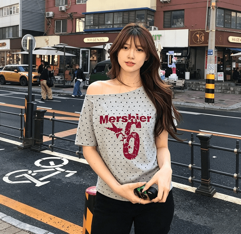 40 1 1 순면 여름 새로운 한 부서 도트 무늬 비스듬한 칼라 오프숄더 프린트 섹션 반팔 티셔츠 여성 상세 이미지 1
