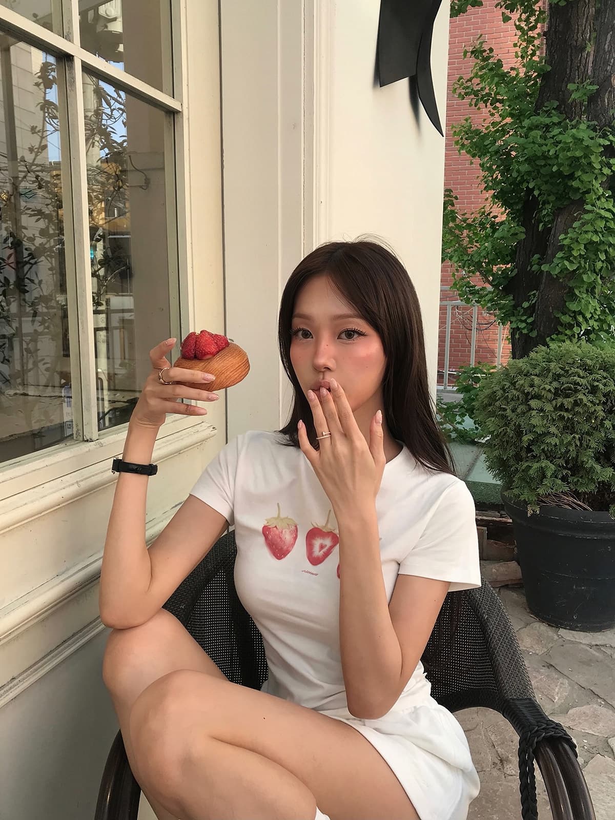 아메리칸 레트로 재미있는 딸기 순면 프린트 몸매 가꾸기 티셔츠 여성 상세 이미지 1