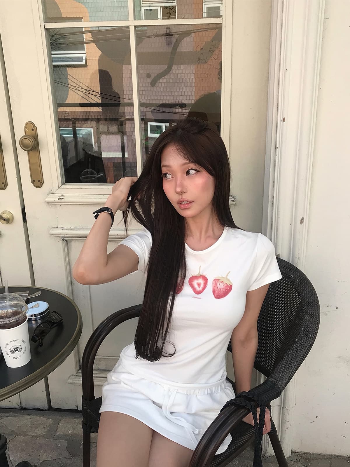 아메리칸 레트로 재미있는 딸기 순면 프린트 몸매 가꾸기 티셔츠 여성 상세 이미지 3