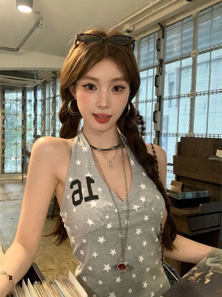 210 그램 40 순면 아메리칸 새로운 별 프린트 행침 목 조끼 여성 V넥 몸매 가꾸기 민소매 맨위 여성 상세 이미지 1