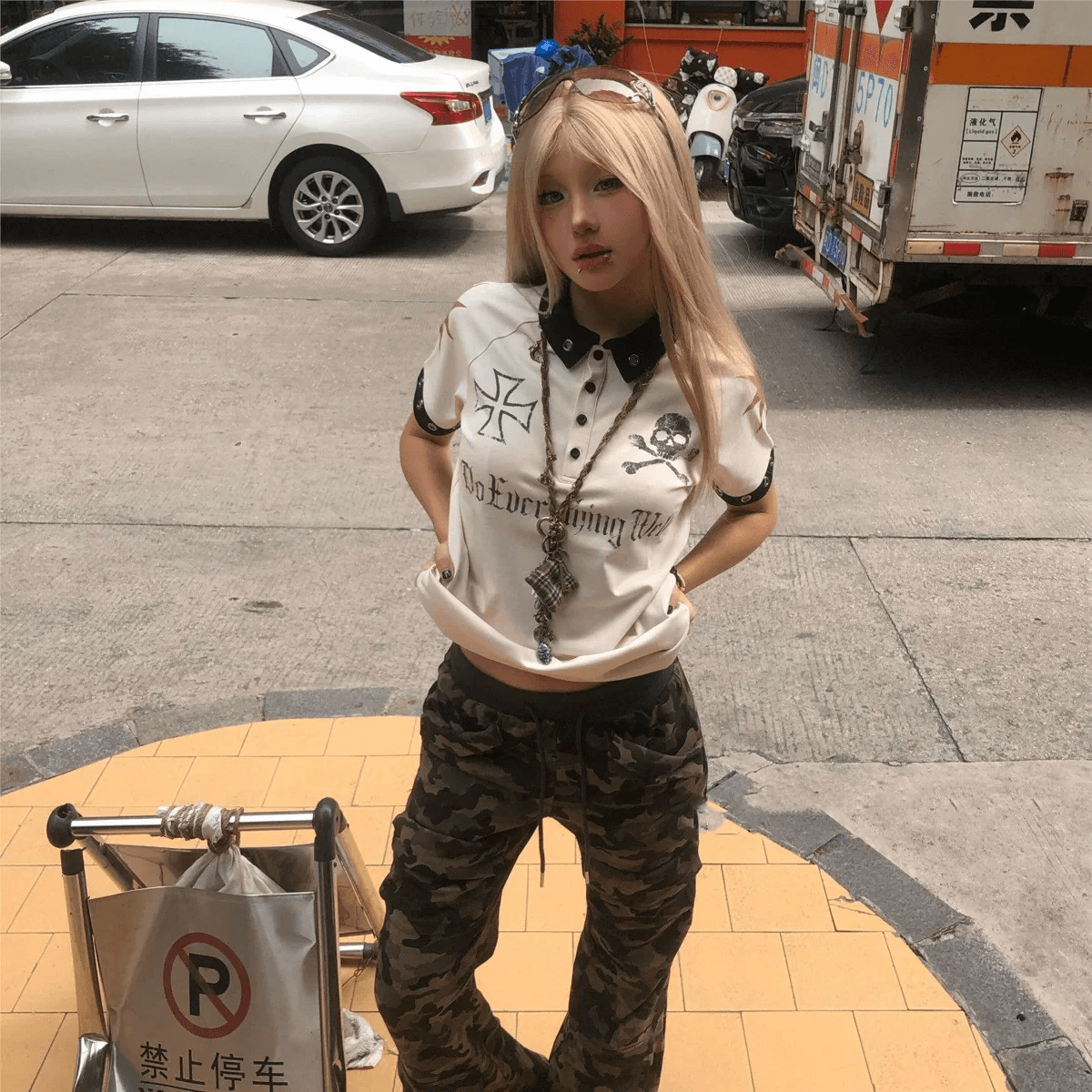 해골 십자가 아메리칸 레트로 거리 숫자 저지 디자인 센스 이문화 반팔 POLO 셔츠 남녀 트렌디 이미지 3