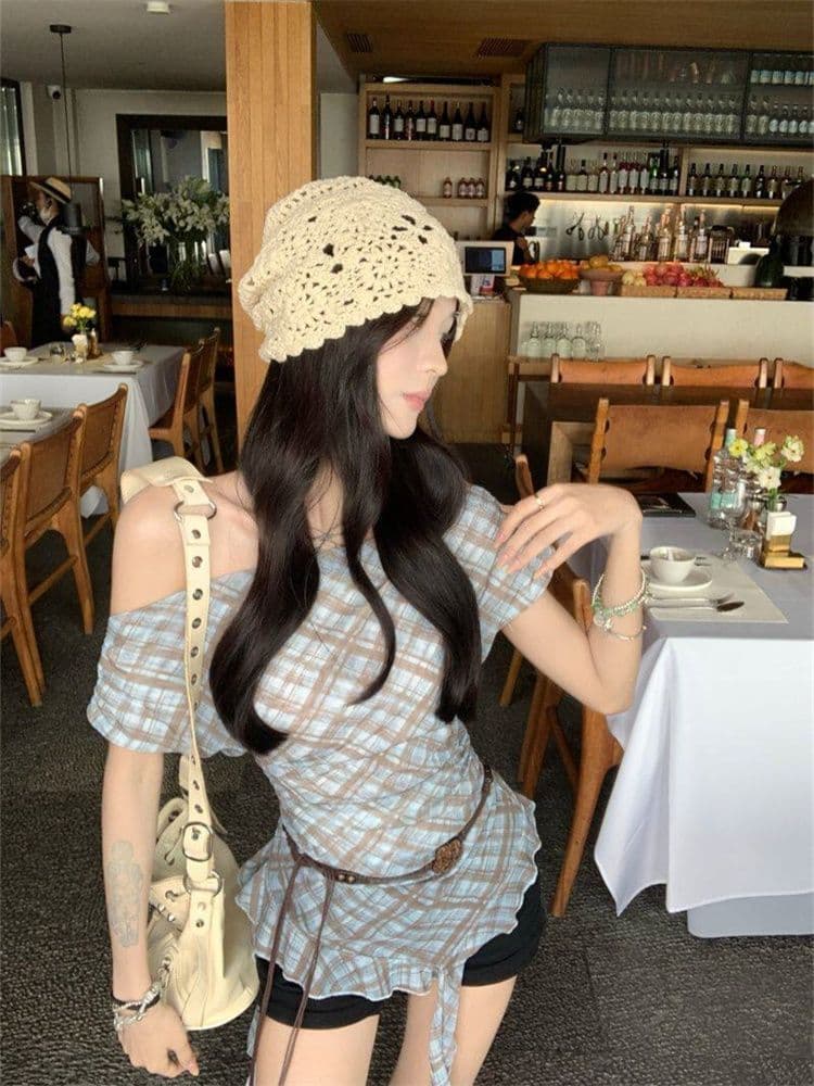 40d 메시 원단 불규칙 리본 체크무늬 망사 반팔 티셔츠 여성 여름 허리 수축 슬림해 보이는 오프숄더 레트로 맨위 이미지 4