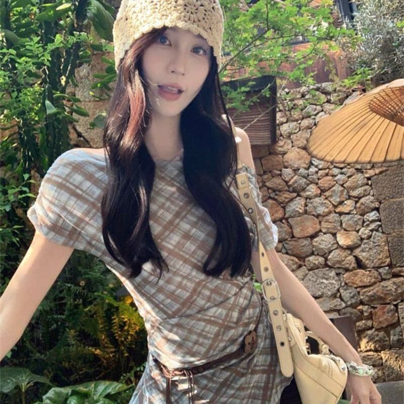 40d 메시 원단 불규칙 리본 체크무늬 망사 반팔 티셔츠 여성 여름 허리 수축 슬림해 보이는 오프숄더 레트로 맨위 이미지 5
