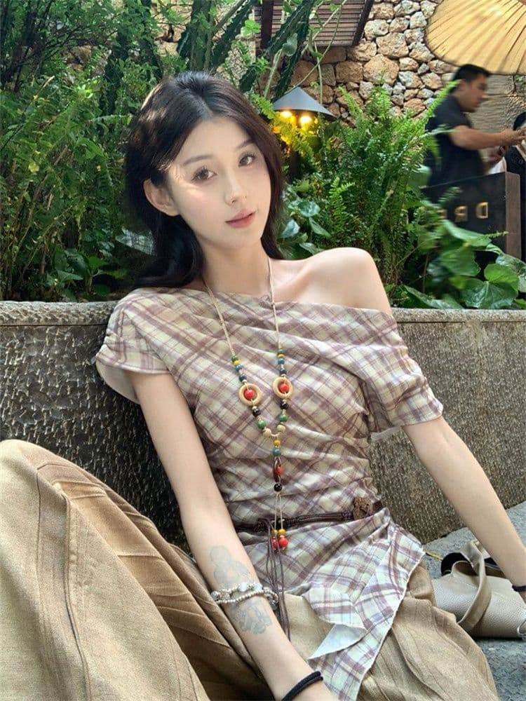 40d 메시 원단 불규칙 리본 체크무늬 망사 반팔 티셔츠 여성 여름 허리 수축 슬림해 보이는 오프숄더 레트로 맨위 상세 이미지 12