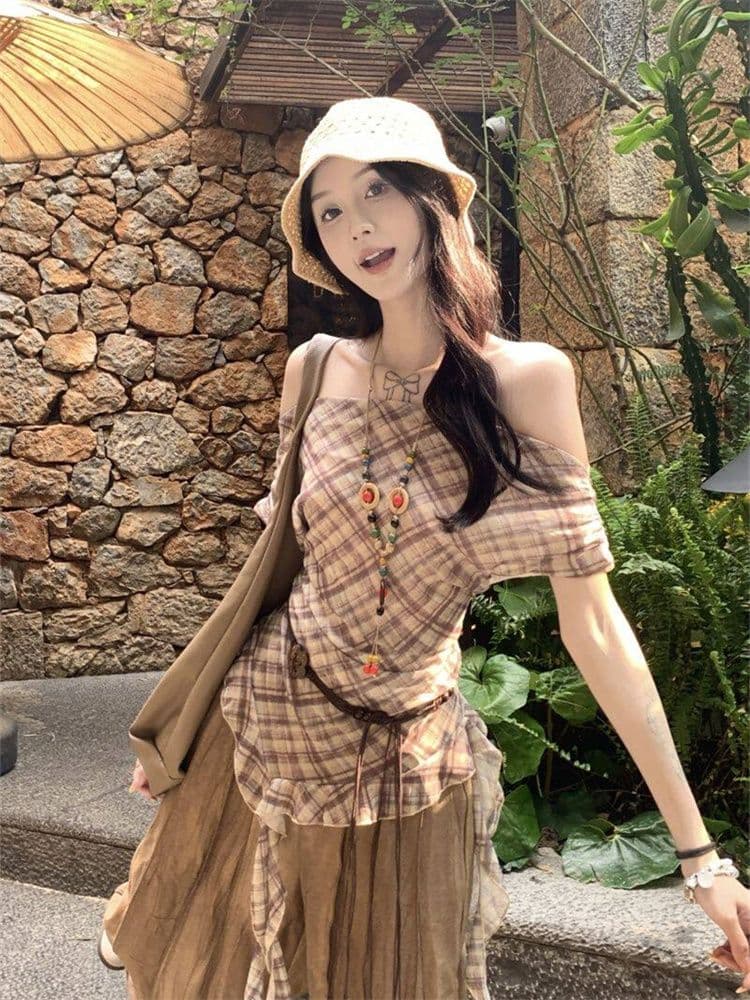 40d 메시 원단 불규칙 리본 체크무늬 망사 반팔 티셔츠 여성 여름 허리 수축 슬림해 보이는 오프숄더 레트로 맨위 상세 이미지 15