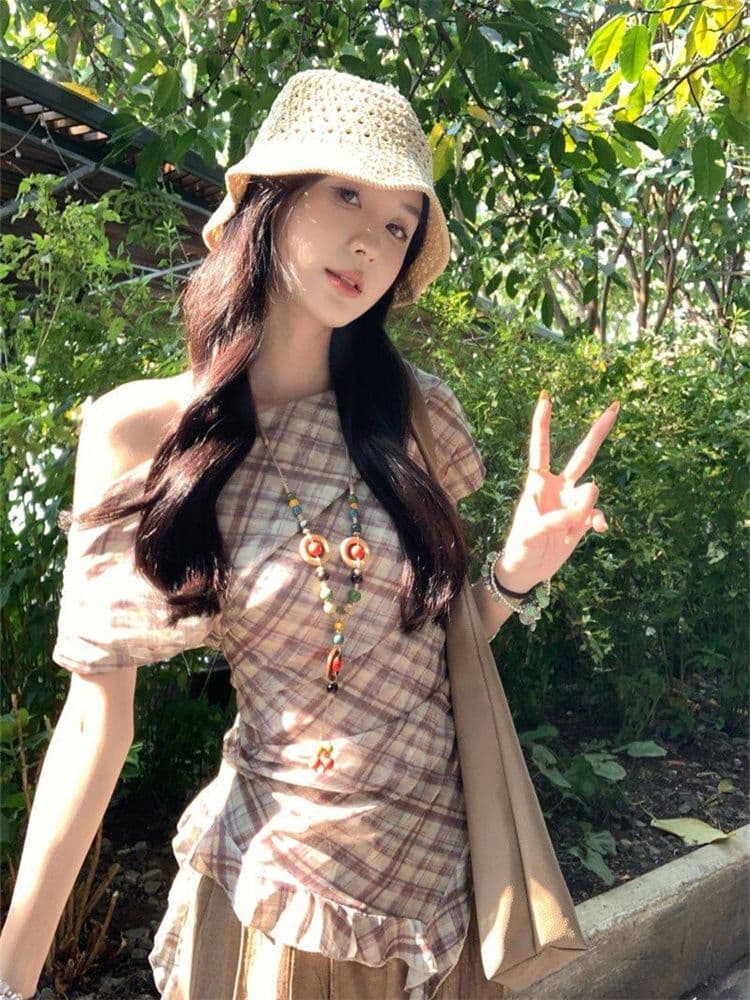40d 메시 원단 불규칙 리본 체크무늬 망사 반팔 티셔츠 여성 여름 허리 수축 슬림해 보이는 오프숄더 레트로 맨위 상세 이미지 20