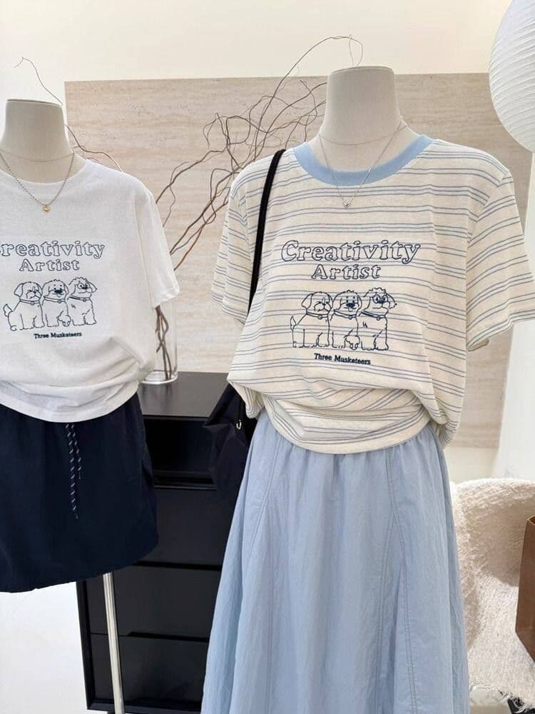 원본 원단 특별 빅 사이즈 300 근 스트라이프 자수 반팔 티셔츠 여성 셔츠 여름 상세 이미지 3