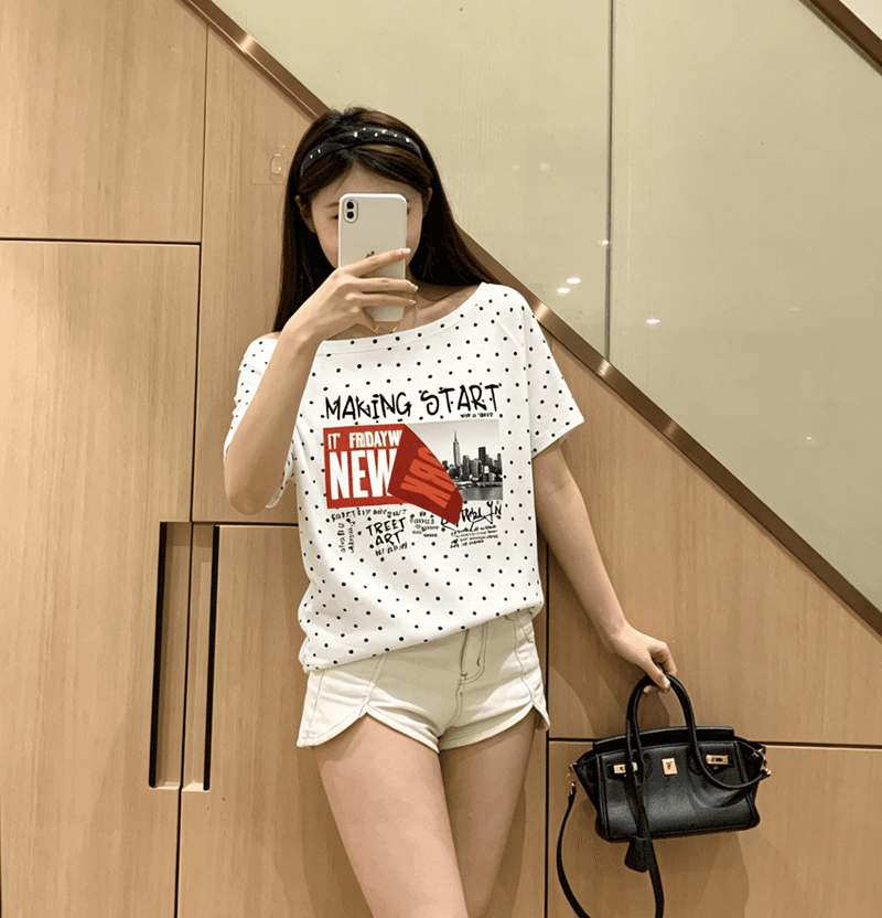 220 그램 40 순면 오스트리아 세대 서울 도트 무늬 비스듬한 어깨 반팔 티셔츠 여성 이미지 4