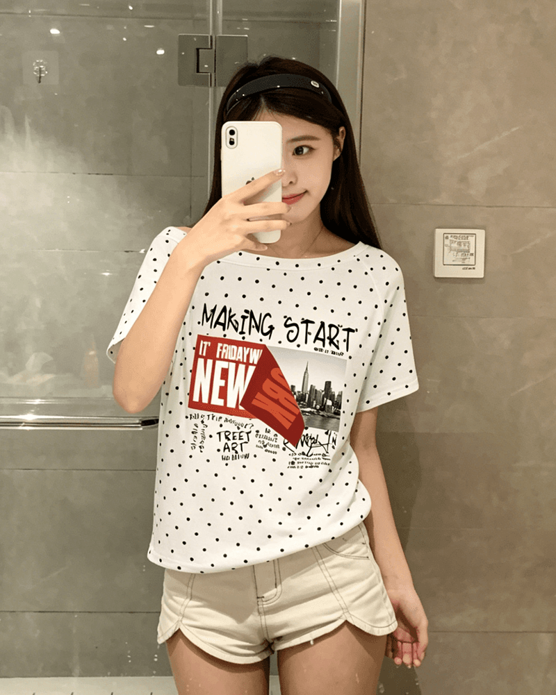 220 그램 40 순면 오스트리아 세대 서울 도트 무늬 비스듬한 어깨 반팔 티셔츠 여성 이미지 2