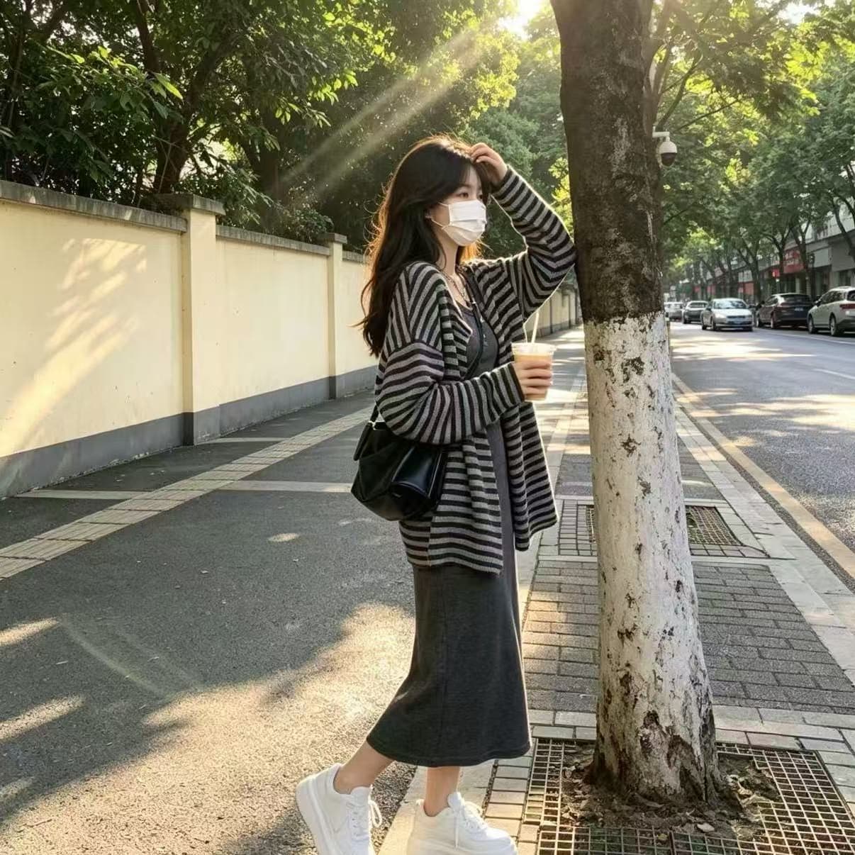 여자 여름 느긋한 바람 어두운 회색 투피스 세트 도루 가을 센스 몸매 가꾸기 슬림해 보이는 캐미솔 와 이후 트임 풀오버 길다 이미지 4