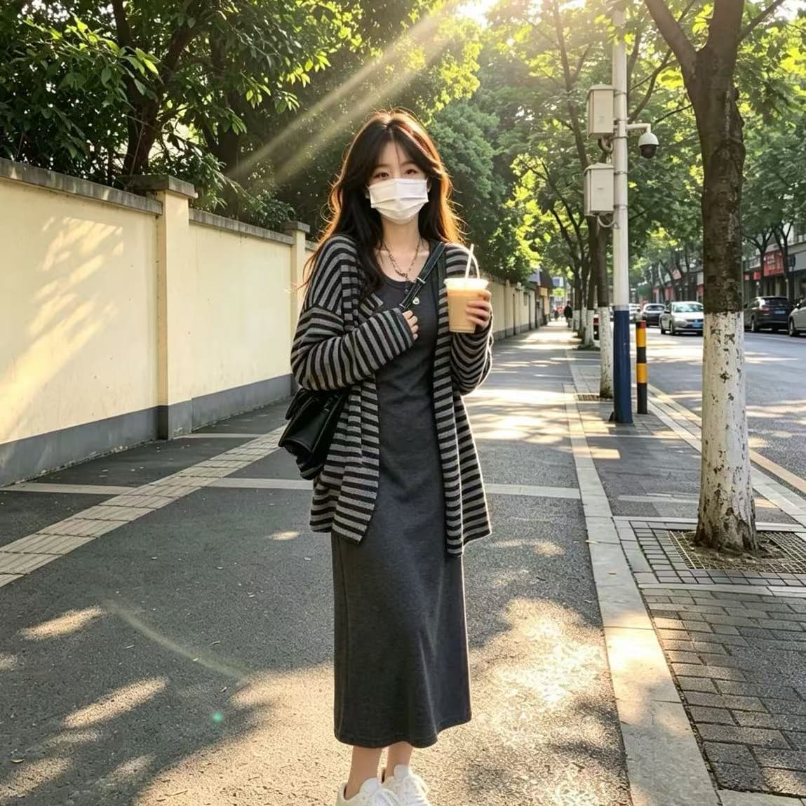 여자 여름 느긋한 바람 어두운 회색 투피스 세트 도루 가을 센스 몸매 가꾸기 슬림해 보이는 캐미솔 와 이후 트임 풀오버 길다 상세 이미지 1