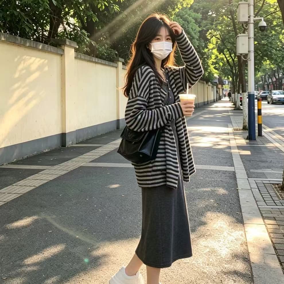 여자 여름 느긋한 바람 어두운 회색 투피스 세트 도루 가을 센스 몸매 가꾸기 슬림해 보이는 캐미솔 와 이후 트임 풀오버 길다 상세 이미지 3