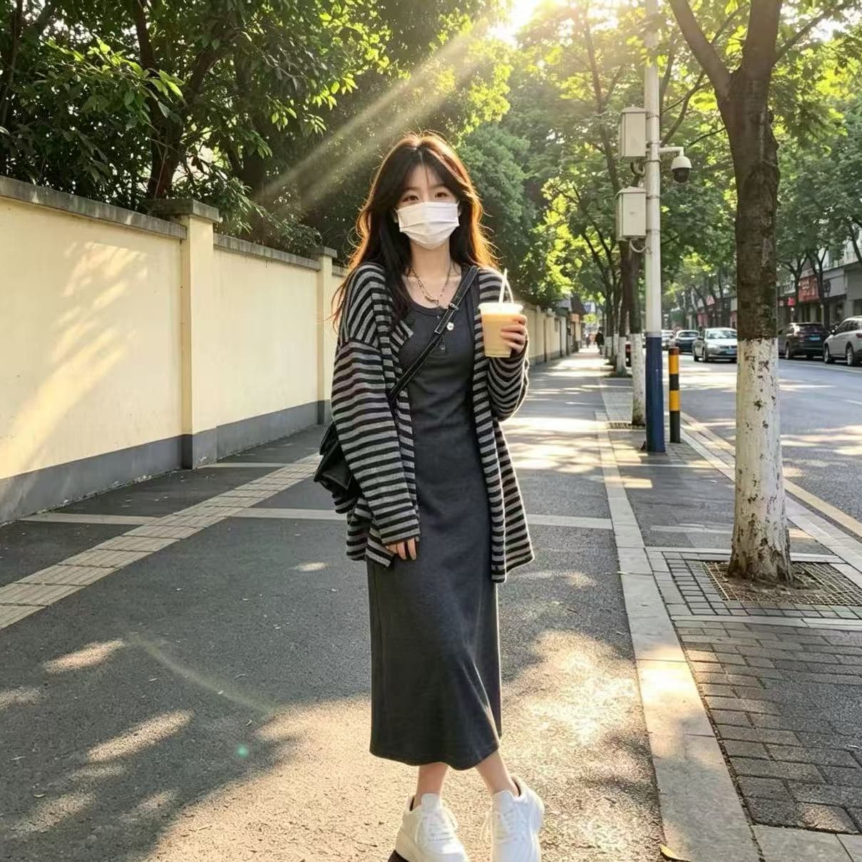 여자 여름 느긋한 바람 어두운 회색 투피스 세트 도루 가을 센스 몸매 가꾸기 슬림해 보이는 캐미솔 와 이후 트임 풀오버 길다 상세 이미지 5