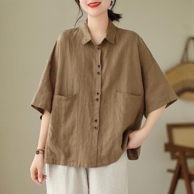 여름 섹션 레트로 빅 사이즈 워싱 여성 셔츠 대 반팔 주머니 폴로 칼라 반팔 셔츠 캐주얼 루즈핏 순면 맨위 상세 이미지 2