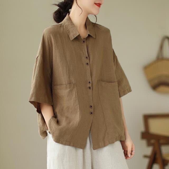 여름 섹션 레트로 빅 사이즈 워싱 여성 셔츠 대 반팔 주머니 폴로 칼라 반팔 셔츠 캐주얼 루즈핏 순면 맨위 상세 이미지 19