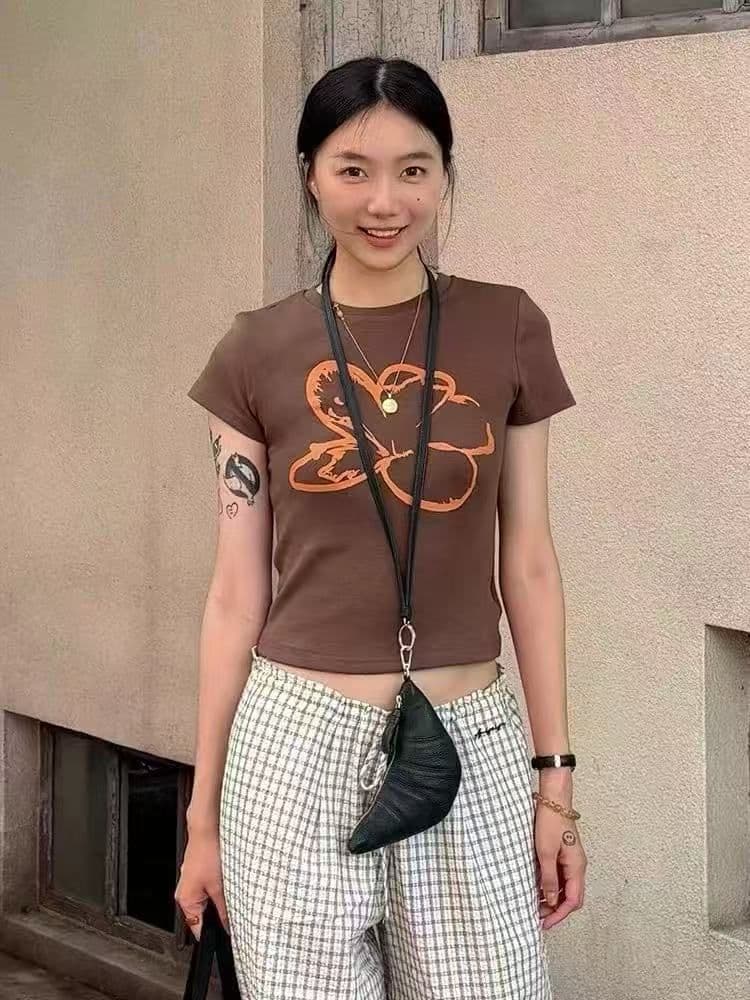 아메리칸 레트로 긍정적 인 어깨 프린트 반팔 티셔츠 여성