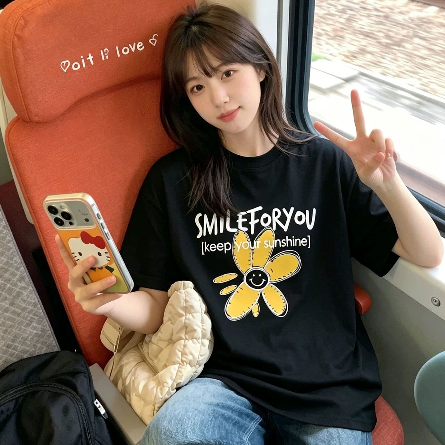 높은 품질 한국 스타일 순면 프린트 반팔 티셔츠 여성 상세 이미지 1