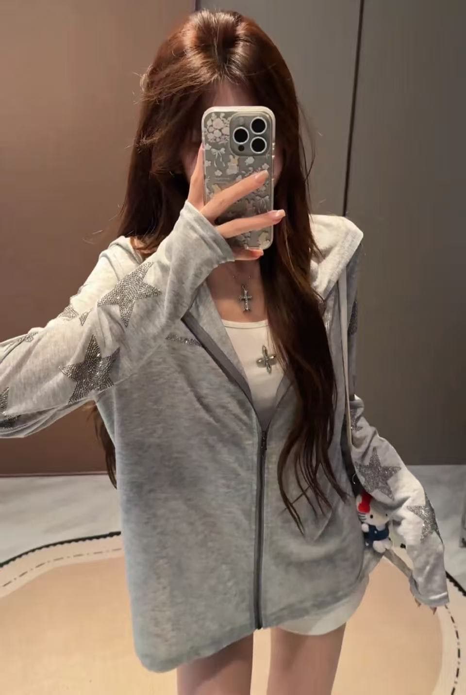 핫픽스 검 지퍼 헤드 모방 눈꽃 면 아메리칸 새로운 오픈 가디건 맨위 캐주얼 바람 다용도 화이트 자외선 차단 의류 여성 이미지 2