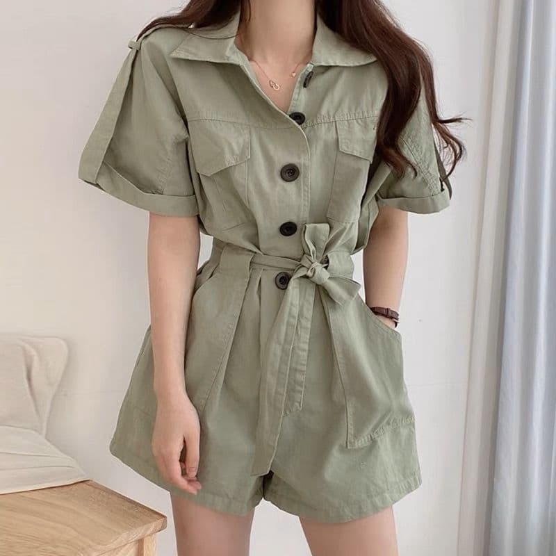 한국 chic 여름 새로운 폴로 칼라 더블 주머니 디자인 슬림해 보이는 싱글 줄 버튼 넓은 다리 워크웨어 올인원 바지 반바지 여성