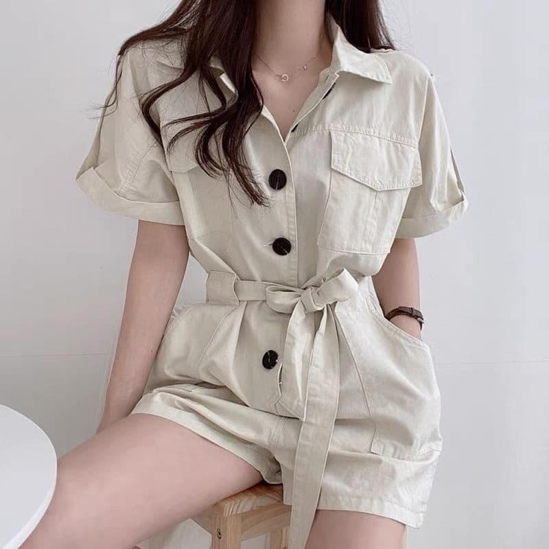한국 chic 여름 새로운 폴로 칼라 더블 주머니 디자인 슬림해 보이는 싱글 줄 버튼 넓은 다리 워크웨어 올인원 바지 반바지 여성 이미지 5