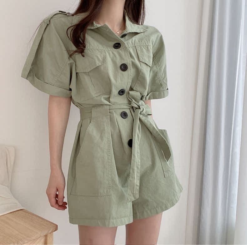 한국 chic 여름 새로운 폴로 칼라 더블 주머니 디자인 슬림해 보이는 싱글 줄 버튼 넓은 다리 워크웨어 올인원 바지 반바지 여성 이미지 2