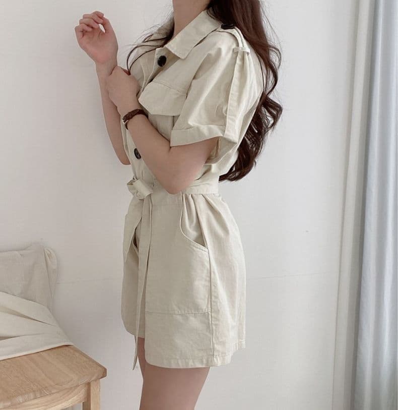 한국 chic 여름 새로운 폴로 칼라 더블 주머니 디자인 슬림해 보이는 싱글 줄 버튼 넓은 다리 워크웨어 올인원 바지 반바지 여성 상세 이미지 3