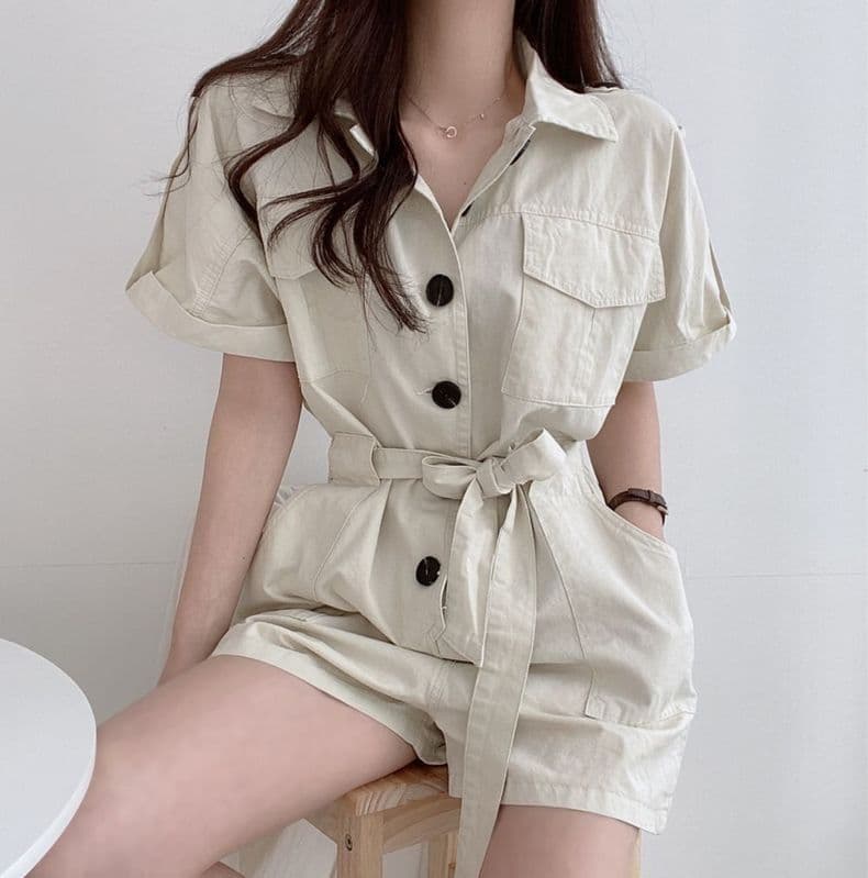 한국 chic 여름 새로운 폴로 칼라 더블 주머니 디자인 슬림해 보이는 싱글 줄 버튼 넓은 다리 워크웨어 올인원 바지 반바지 여성 상세 이미지 6