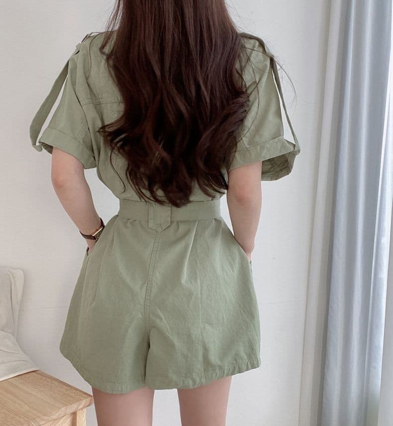 한국 chic 여름 새로운 폴로 칼라 더블 주머니 디자인 슬림해 보이는 싱글 줄 버튼 넓은 다리 워크웨어 올인원 바지 반바지 여성 상세 이미지 10