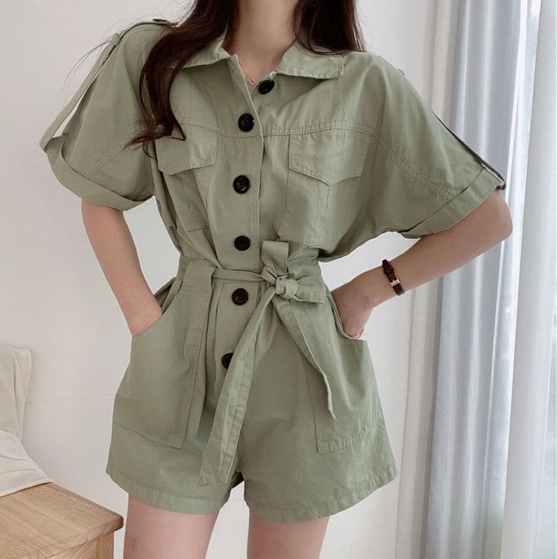 한국 chic 여름 새로운 폴로 칼라 더블 주머니 디자인 슬림해 보이는 싱글 줄 버튼 넓은 다리 워크웨어 올인원 바지 반바지 여성 상세 이미지 11