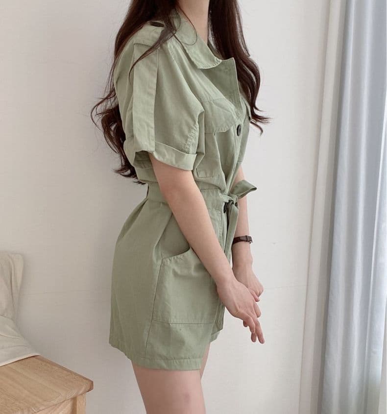한국 chic 여름 새로운 폴로 칼라 더블 주머니 디자인 슬림해 보이는 싱글 줄 버튼 넓은 다리 워크웨어 올인원 바지 반바지 여성 상세 이미지 12