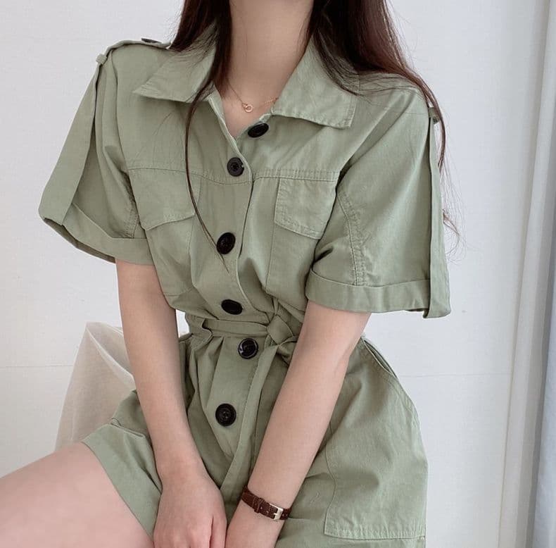 한국 chic 여름 새로운 폴로 칼라 더블 주머니 디자인 슬림해 보이는 싱글 줄 버튼 넓은 다리 워크웨어 올인원 바지 반바지 여성 상세 이미지 13