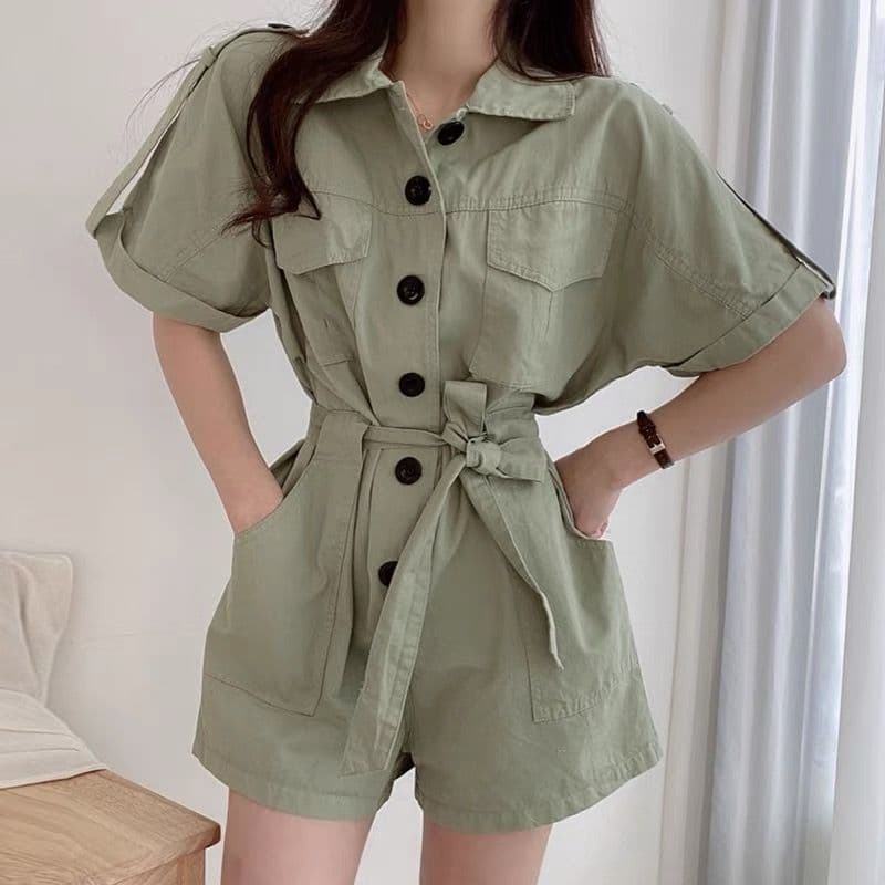 한국 chic 여름 새로운 폴로 칼라 더블 주머니 디자인 슬림해 보이는 싱글 줄 버튼 넓은 다리 워크웨어 올인원 바지 반바지 여성 상세 이미지 17