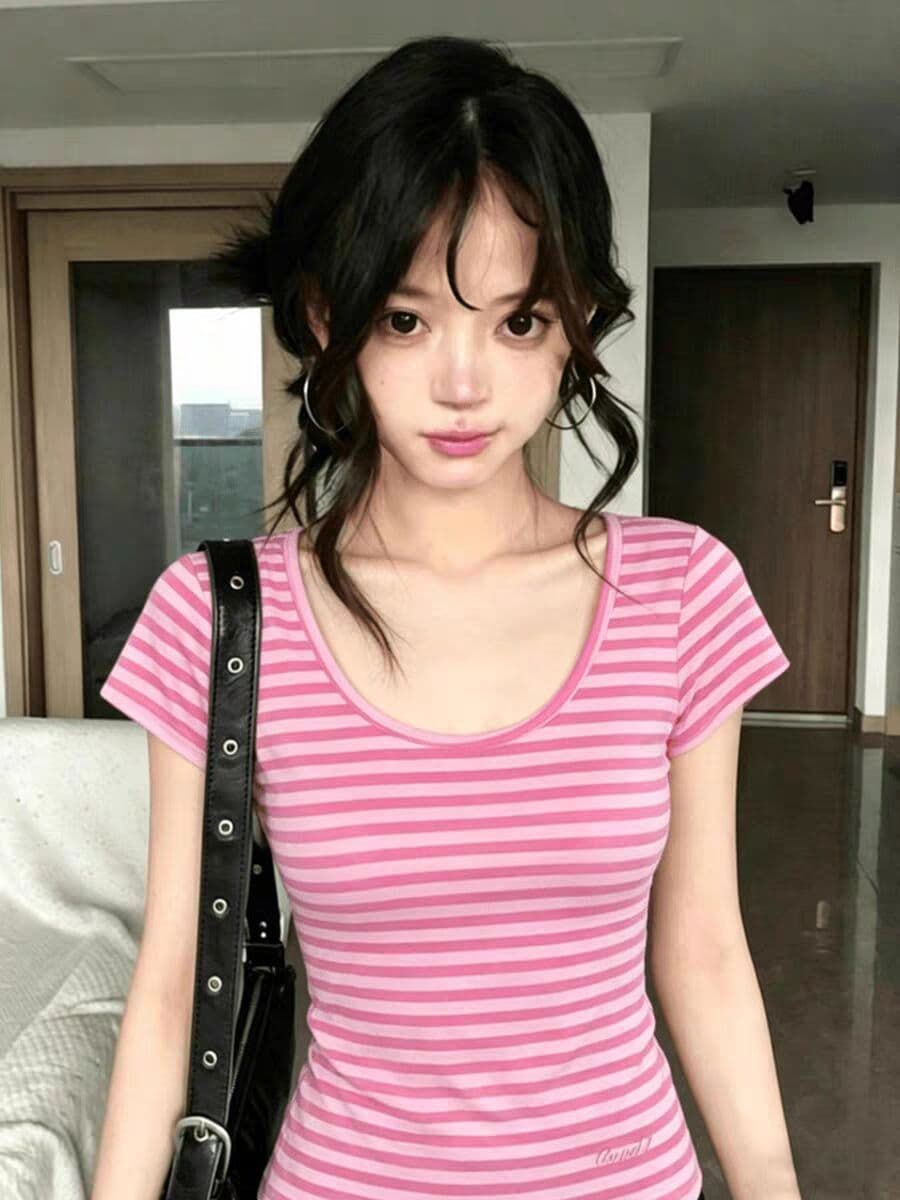 원본 컬러 짜임 기사 95 면 5 암모니아 Lun 아메리칸 레트로 스트라이프 배색 여름 반팔 티셔츠 여성 이미지 2