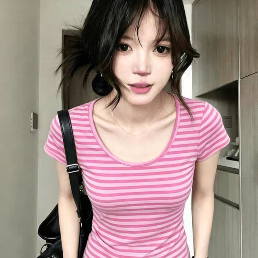 원본 컬러 짜임 기사 95 면 5 암모니아 Lun 아메리칸 레트로 스트라이프 배색 여름 반팔 티셔츠 여성 이미지 5