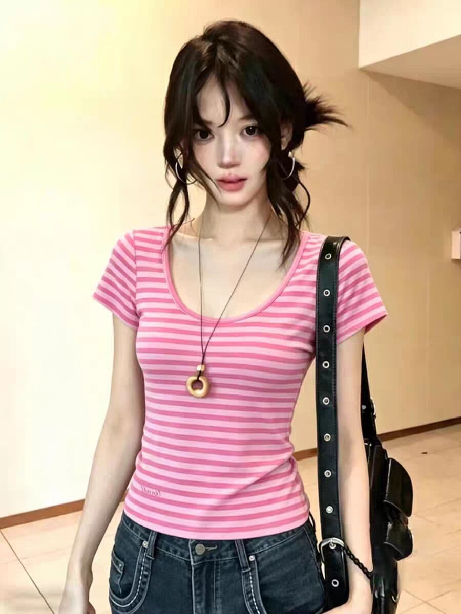 원본 컬러 짜임 기사 95 면 5 암모니아 Lun 아메리칸 레트로 스트라이프 배색 여름 반팔 티셔츠 여성 상세 이미지 1