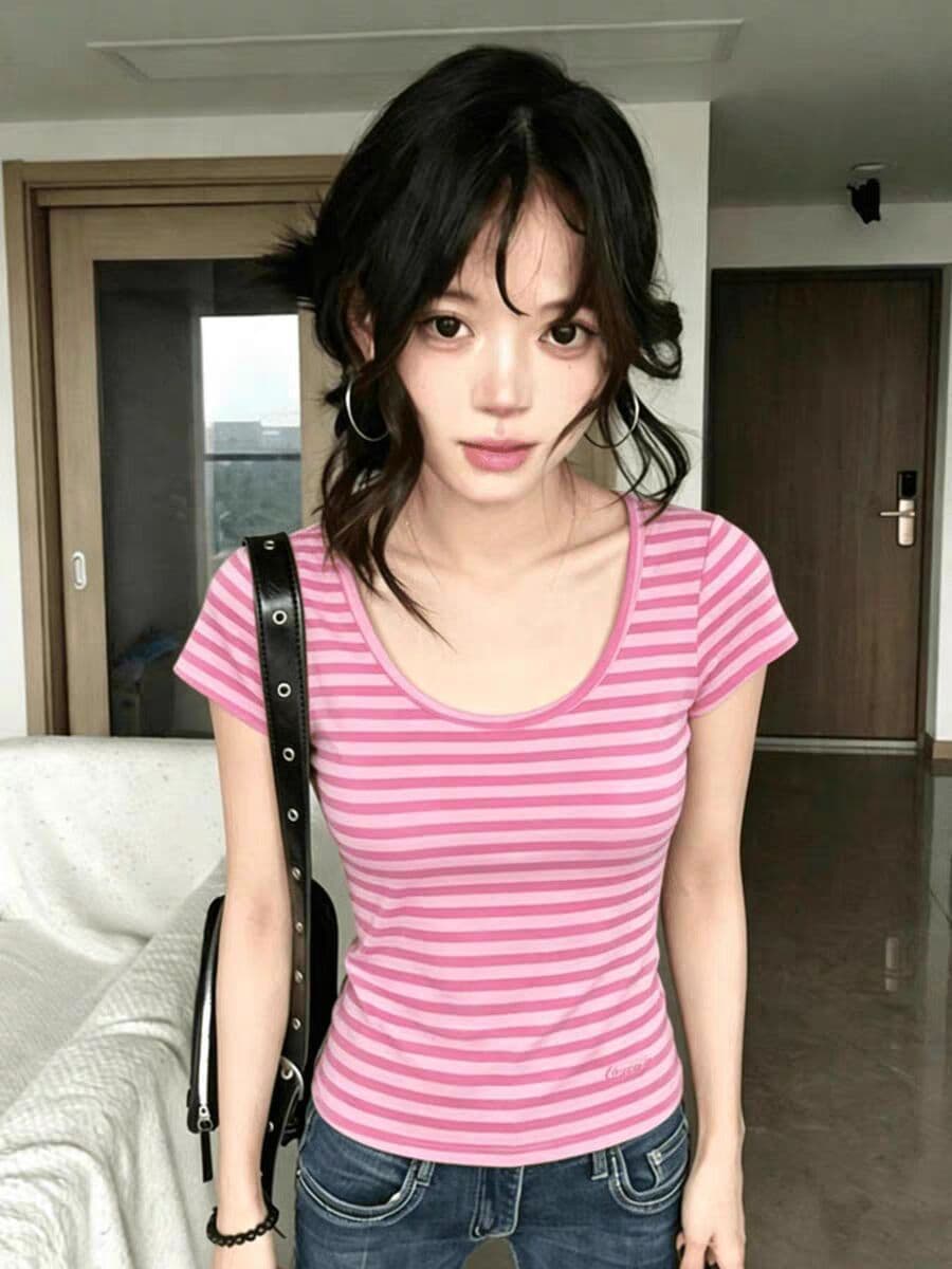 원본 컬러 짜임 기사 95 면 5 암모니아 Lun 아메리칸 레트로 스트라이프 배색 여름 반팔 티셔츠 여성 상세 이미지 2