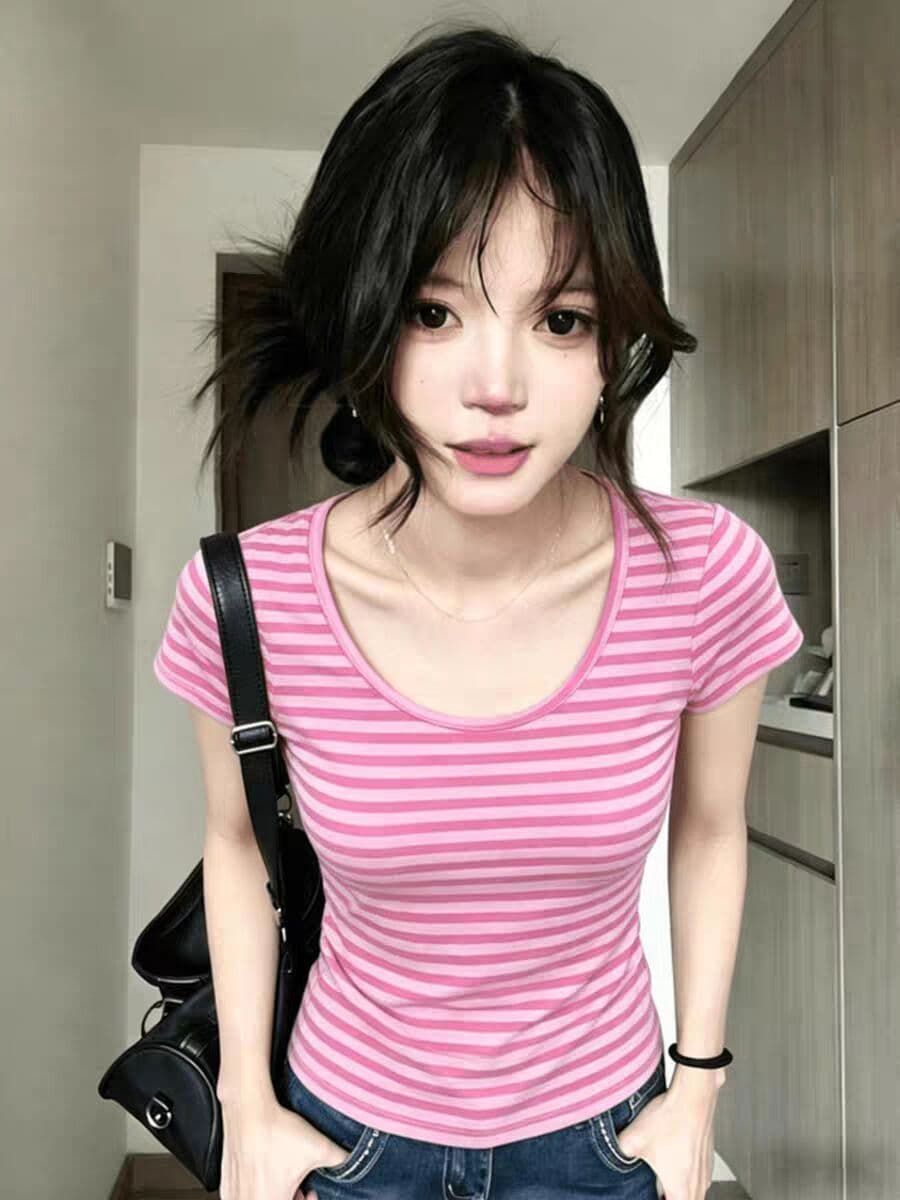 원본 컬러 짜임 기사 95 면 5 암모니아 Lun 아메리칸 레트로 스트라이프 배색 여름 반팔 티셔츠 여성 상세 이미지 5