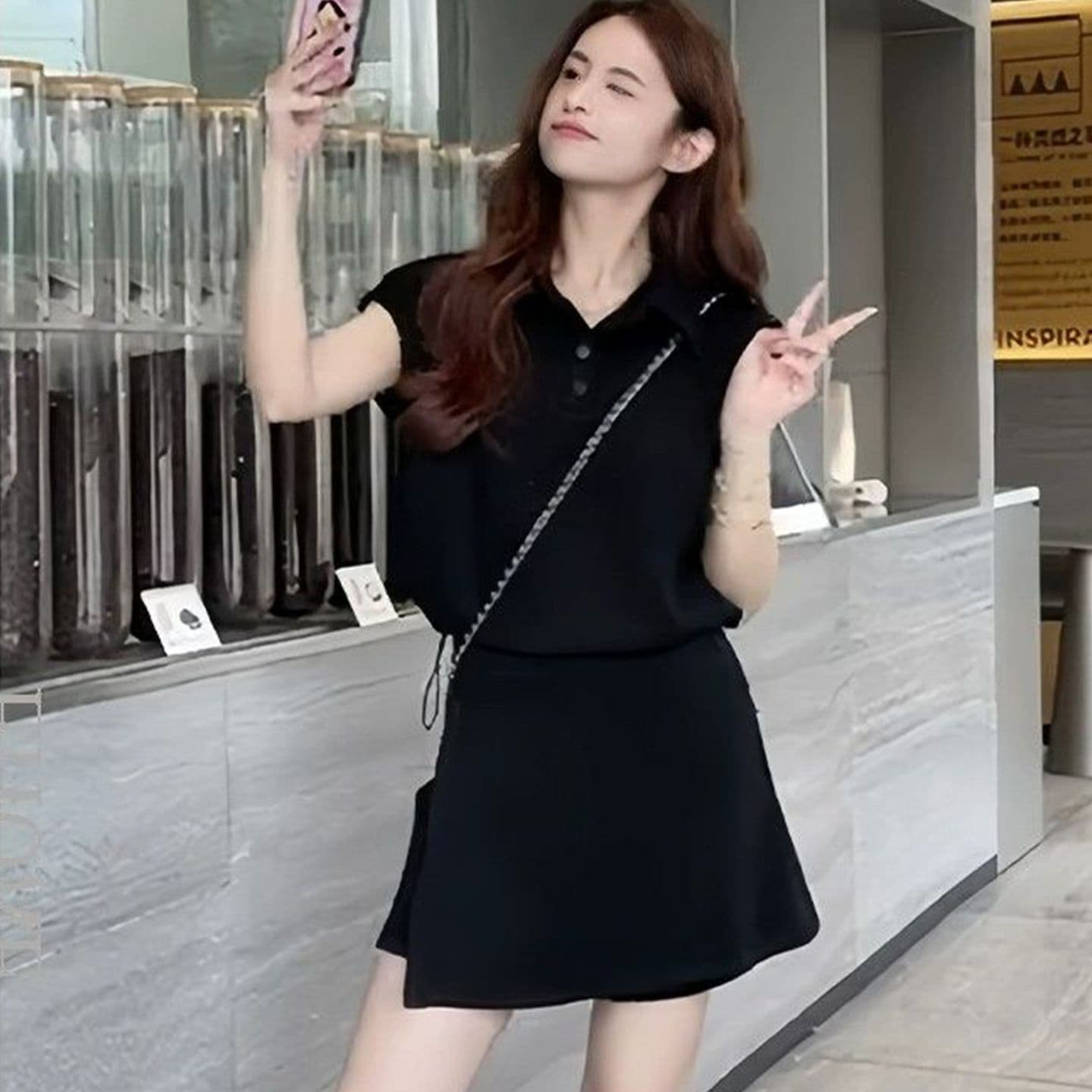 한국 스타일 연령 감소 코디 전체 집합 여름 드레스 다용도 패션 세트 작은 대중 밑단 반팔 맨위 하이웨이스트 바지 세트 이미지 2